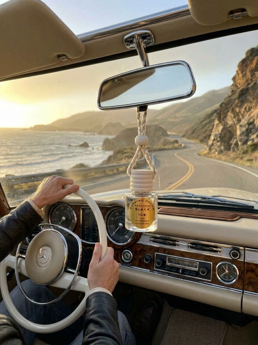 A glass and wood car diffuser hanging below a rearview mirror along a coastal road